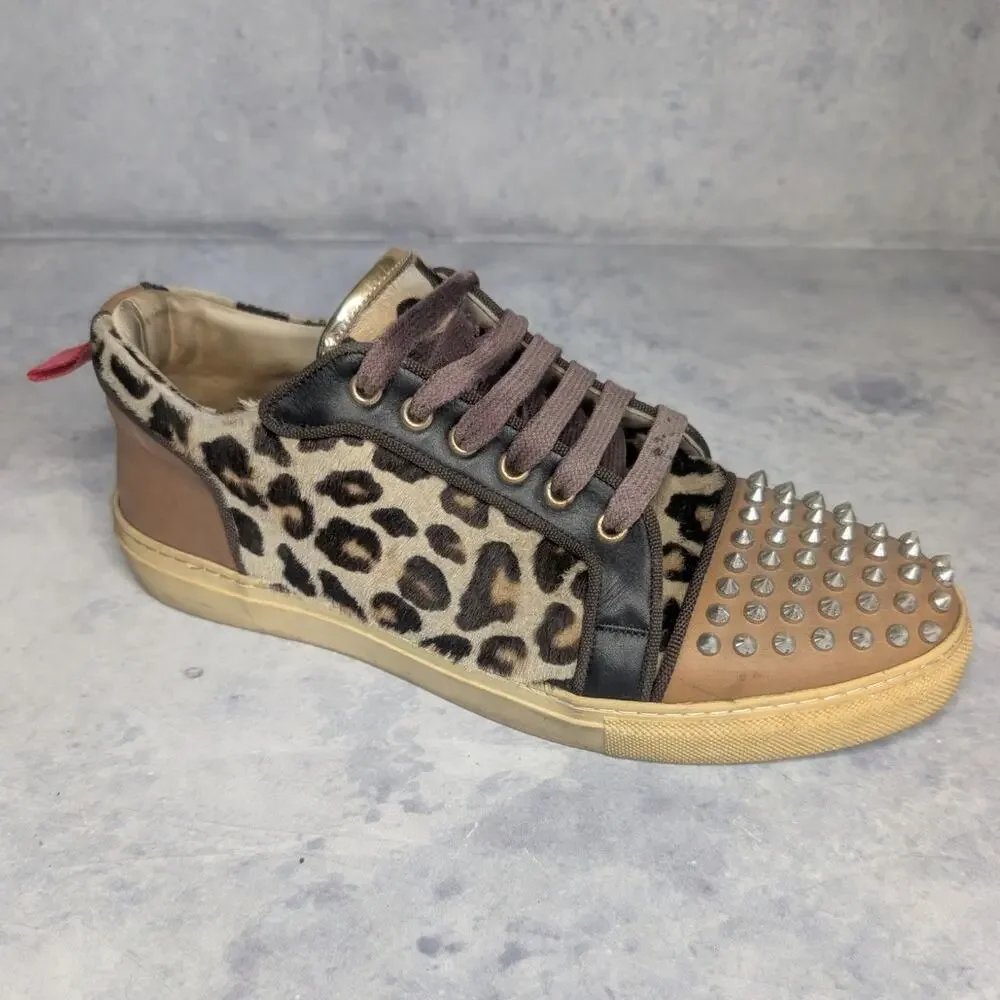 Ron Tomson Men's Punk Rocker Spiked Low-Top Sneaker in Leopard Print, Size 10.5